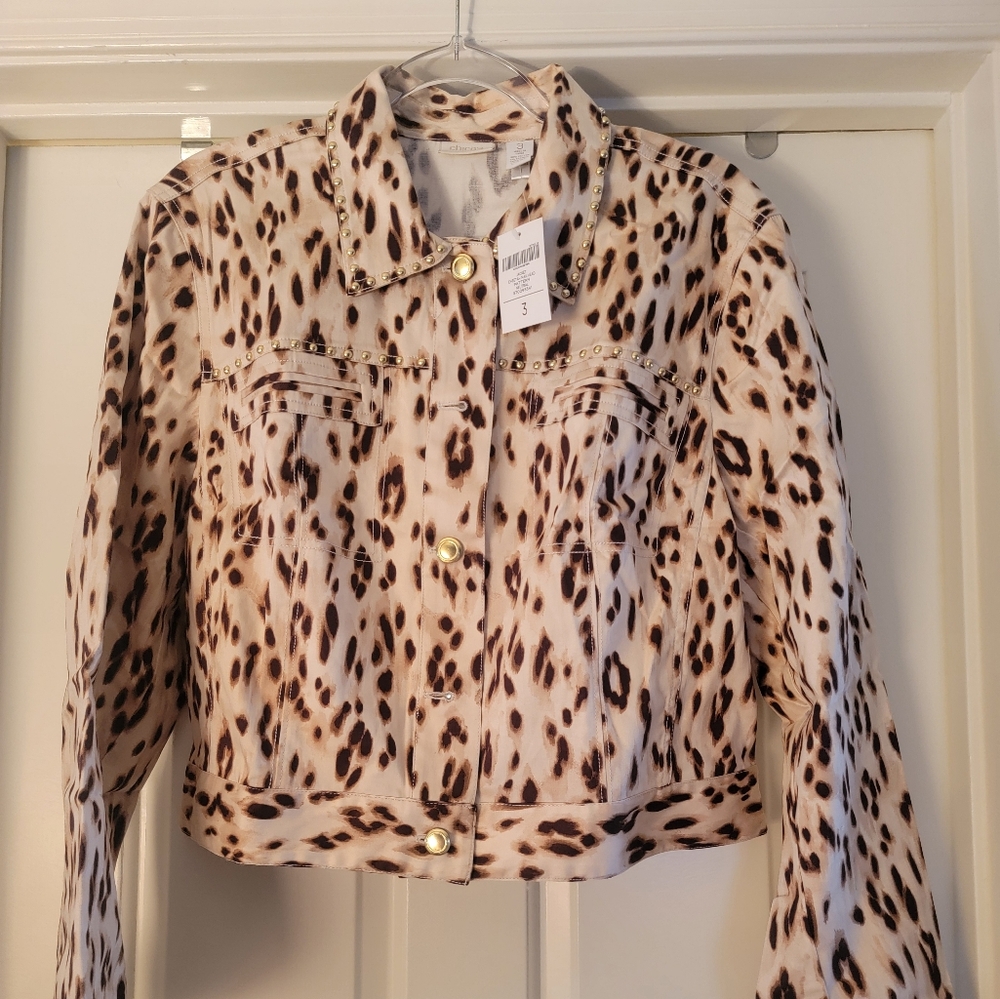 Chico's NWT Sz 3 Long Sleeved Jacket - Cheetah Nailhead Pattern (Tan/Brown)